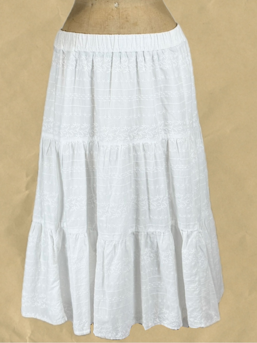 VINTAGE eyelet lace tiered ruffle prairie skirt long maxi elastic waist white